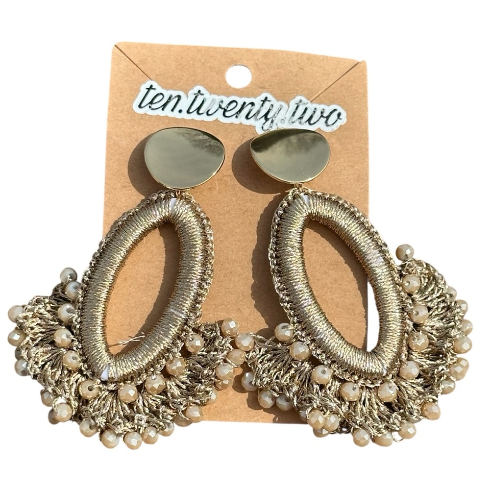 Gold Beaded Fringe Oval Drop Earrings